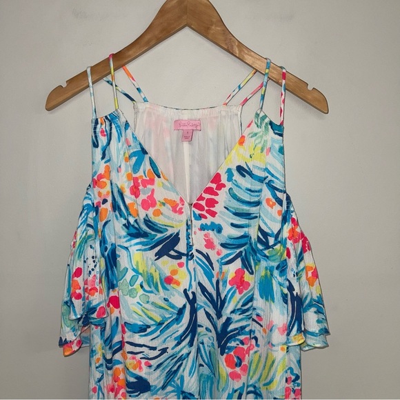 Lilly Pulitzer Bellamie Dress Size Small Blue ‎ Floral Cold Shoulder Flowy Swing - Picture 4 of 16